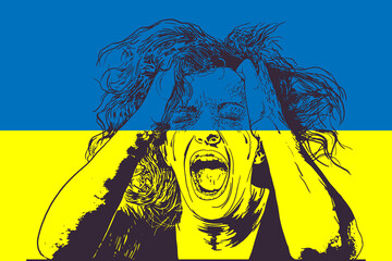 The woman screams in despair. Banner, poster on a yellow-blue background. Contour graphics of emotions. Protest poster. Vector illustration.
