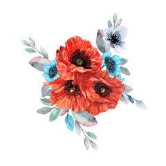 Bouquet with red poppies. Watercolor illustration with a resolution of 800 dpi.
