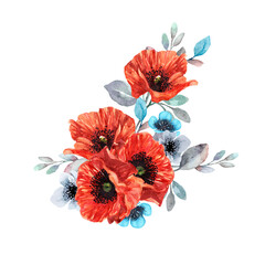 Bouquet with red poppies. Watercolor illustration with a resolution of 800 dpi.
