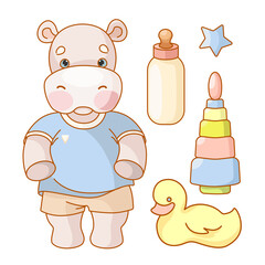 Baby hippopotamus with a pyramid, a duckling, a bottle with a pacifier in a boho style. Set of elements in a flat style. Baby vector illustration.
