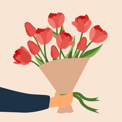 Bouquet of tulips in hand. Postcard, banner, concept. Festive vector illustration