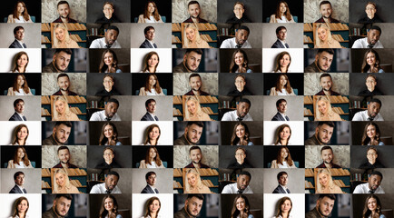 Many different multiracial people in the head portraits in a square collage mosaic image, a collection of portraits of headshots,. Multicultural male and female smiling faces looking at the camera.