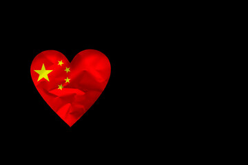 flag of China in the shape of a heart on a black background. Horizontal background, white background, copy space