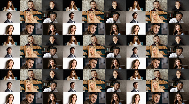 Many different multiracial people in the head portraits in a square collage mosaic image, a collection of portraits of headshots,. Multicultural male and female smiling faces looking at the camera.