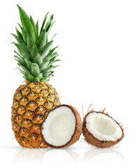 Fototapeta na wymiar Pineapple and halved coconut isolated on white background with clipping path.