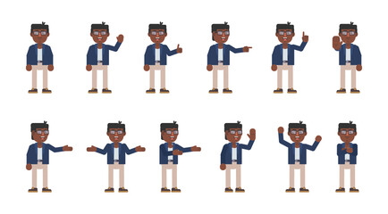 Set of businessman characters showing various hand gestures. Cheerful man showing thumb up, greeting, victory sign and other gestures. Modern vector illustration