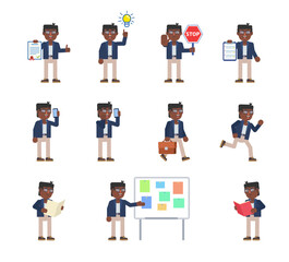 Set of businessman characters in various situations. Man holding document, clipboard, stop sign, talking on phone, running, reading and other actions. Modern vector illustration