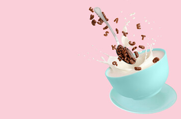 Cereal cocoa letters falling into blue bowl with splashing milk on pink background. Dry breakfast...