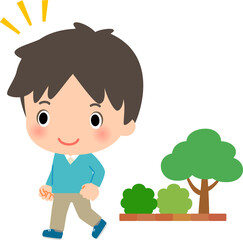 笑顔で歩く男性と街路樹、ウォーキング