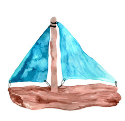 Watercolor cartoon wooden toy sailboat as symbol of summer water sport, regatta icon. Handmade model of boat with blue sails.