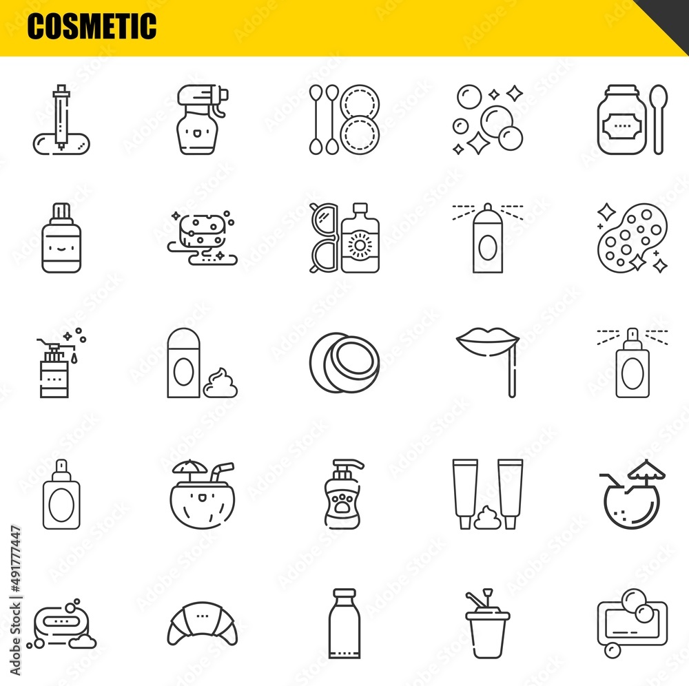 Poster cosmetic vector line icons set. pipette, soap and soap icons. thin line design. modern outline graph