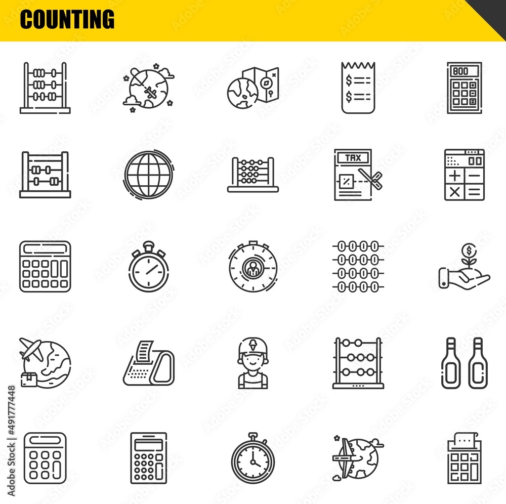 Poster counting vector line icons set. abacus, calculator and calculator icons. thin line design. modern ou