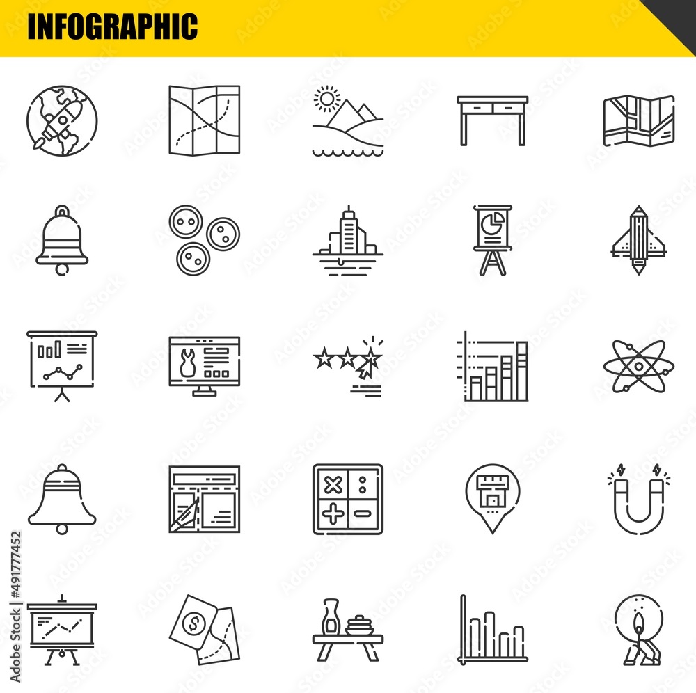Poster infographic vector line icons set. startup, presentation and statistics icons. thin line design. mod