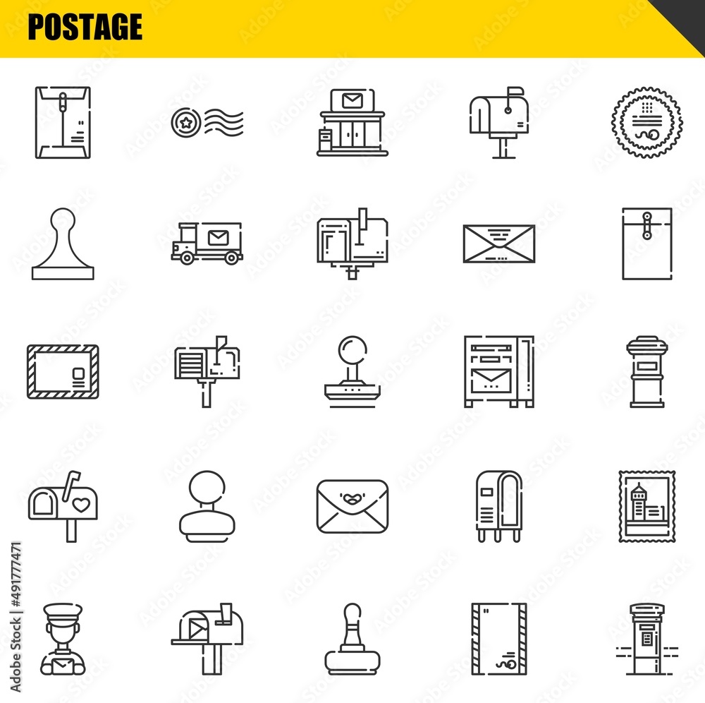 Poster postage vector line icons set. envelope, postman and envelope icons. thin line design. modern outlin