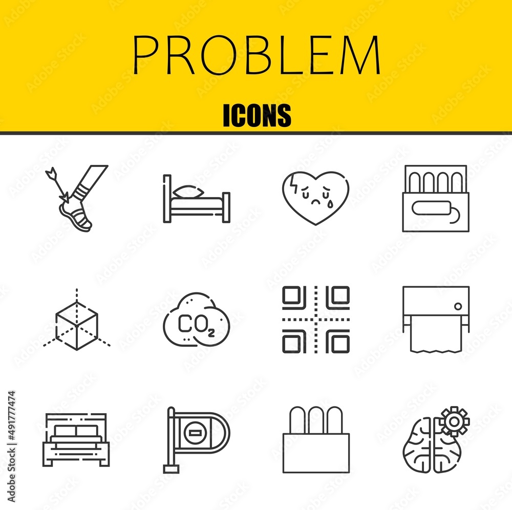 Poster problem vector line icons set. achilles, bed and broken heart icons. thin line design. modern outlin
