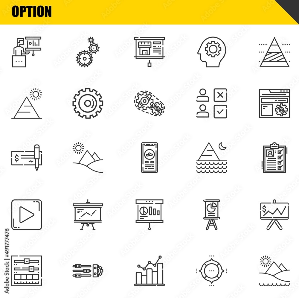 Poster option vector line icons set. presentation, setting and check icons. thin line design. modern outlin