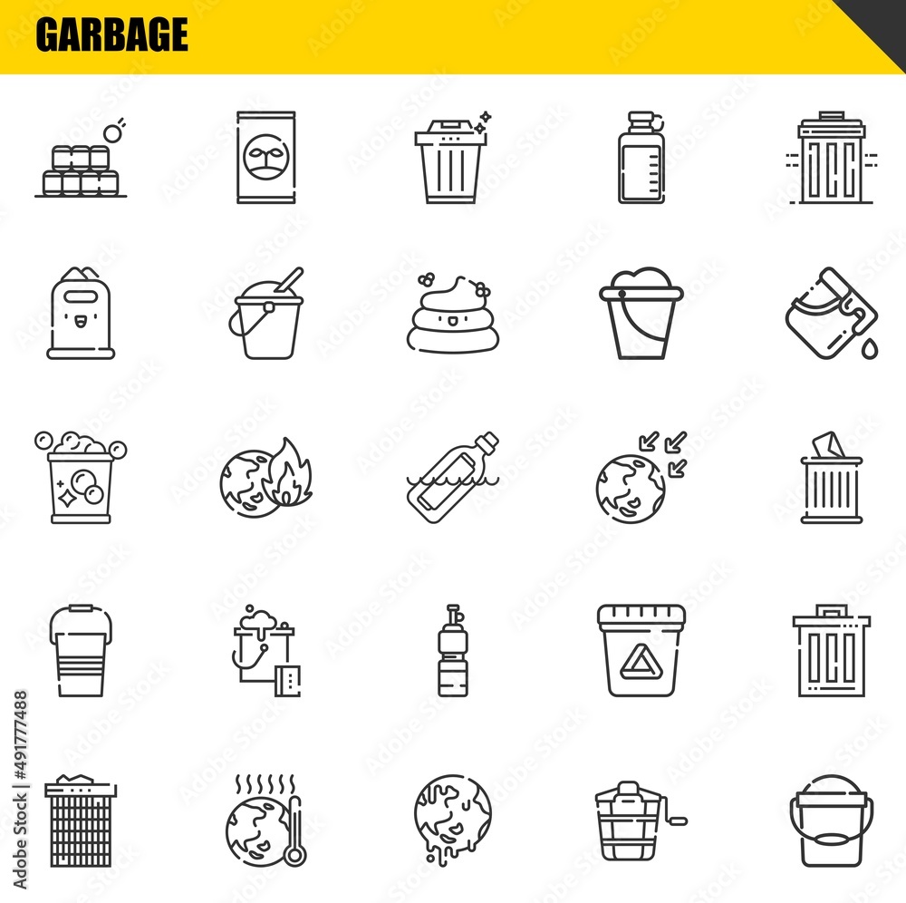 Poster garbage vector line icons set. bottles, recycle bin and bucket icons. thin line design. modern outli