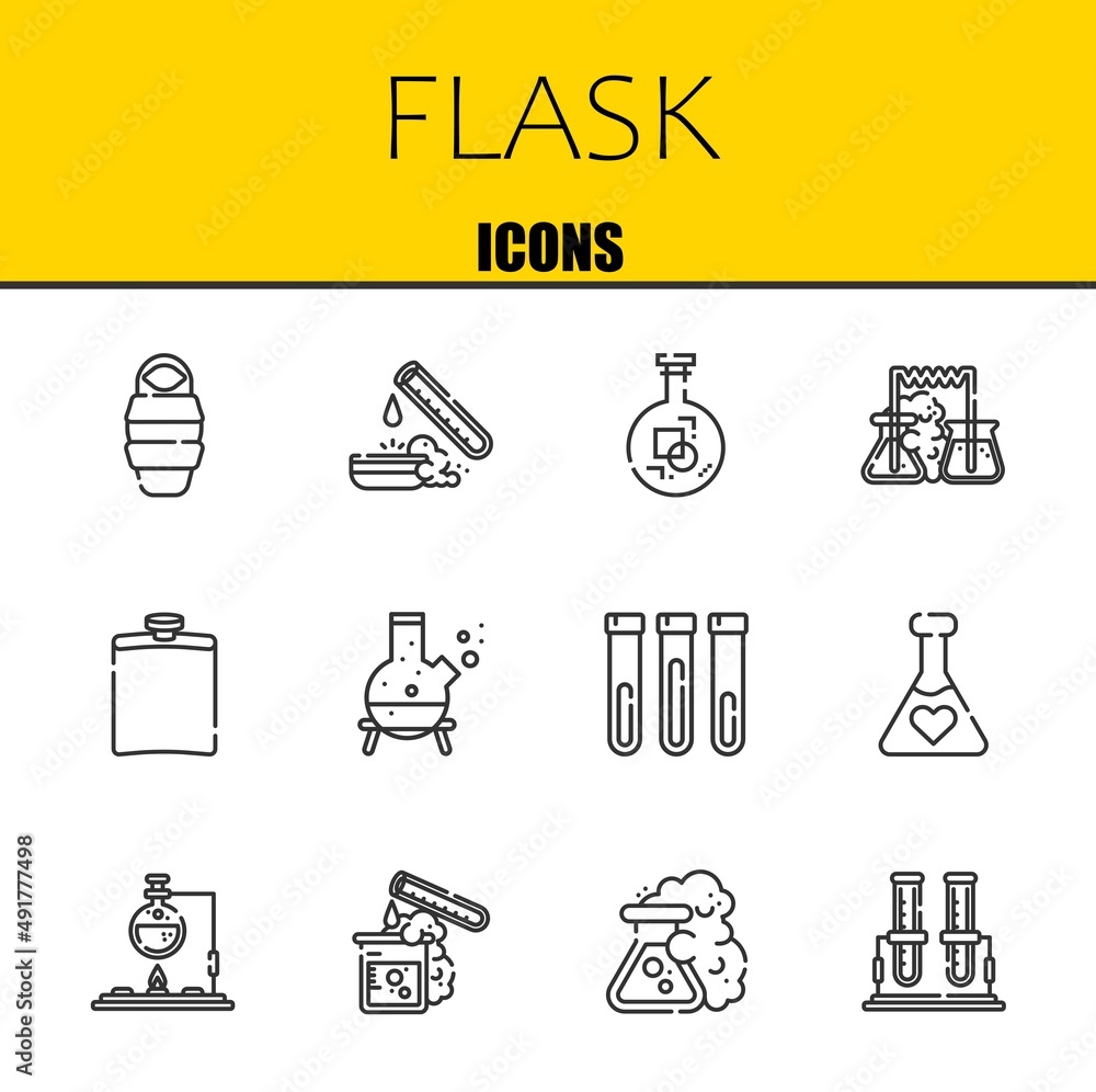 Poster flask vector line icons set. sleeping bag, test tube and flask icons. thin line design. modern outli