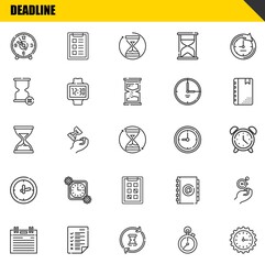 deadline vector line icons set. clock, agenda and hourglass Icons. Thin line design. Modern outline graphic elements, simple stroke symbols stock illustration