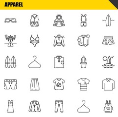 apparel vector line icons set. sunglasses, dress and surfboard Icons. Thin line design. Modern outline graphic elements, simple stroke symbols stock illustration