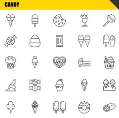 candy vector line icons set. ice cream, cotton candy and muffin Icons. Thin line design. Modern outline graphic elements, simple stroke symbols stock illustration