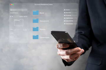 Document management concept. Virtual screen icons Document Management System DMS Online document database, software for efficient archiving, searching and management of company files and data.