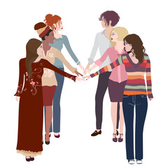 Fototapeta premium Empowerment. Isolated group multicultural women with outstretched arm and hand as a sign of self-confidence and self-awareness. Female social network community. Racial equality. Allyship