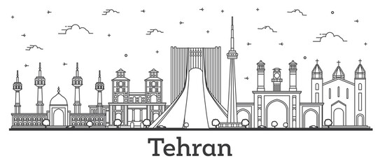Outline Tehran Iran City Skyline with Modern and Historic Buildings Isolated on White.
