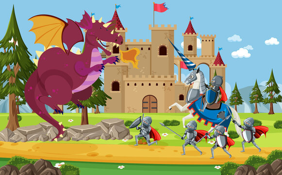 Medieval knights fighting with ancient dragon