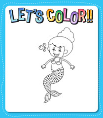 Worksheets template with let’s color!! text and mermaid outline