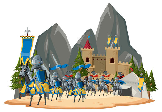 Isolated Medieval landscape with knights and horses marching