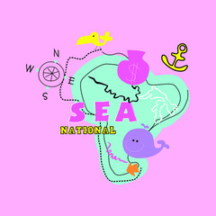 SEA NATIONAL TYPOGRAPHY, ILLUSTRATION OF A MAP WITH CUTE VALE, SLOGAN PRINT VECTOR