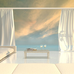 Obraz na płótnie Canvas Romantic white private bungalow resort with table and sofa on tropical beach. Luxurious gazebo in sunset. 3d rendering. 