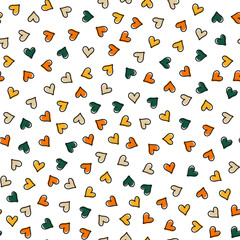 White seamless pattern with colorful hearts with black outline.