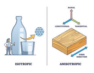 Isotropic vs anisotropic material substance properties outline diagram. Labeled educational matter radial, longitudinal, tangential and fiber direction characteristics explanation vector illustration.