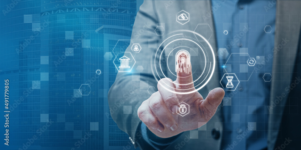 Fototapete man hand pointing at abstract glowing id fingerprint web protection and security interface on blurry blue bokeh city background with mock up place. Identification, cybersecurity and privacy concept. 
