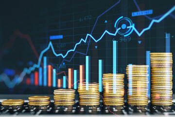 Creative image of growing coin stacks and candlestick forex chart on blurry background. Trade,...