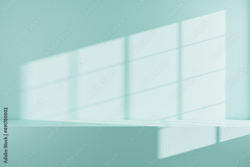 Poster abstract blue wall with sunlight and window shadows and mock up place. gallery concept. 3d rendering