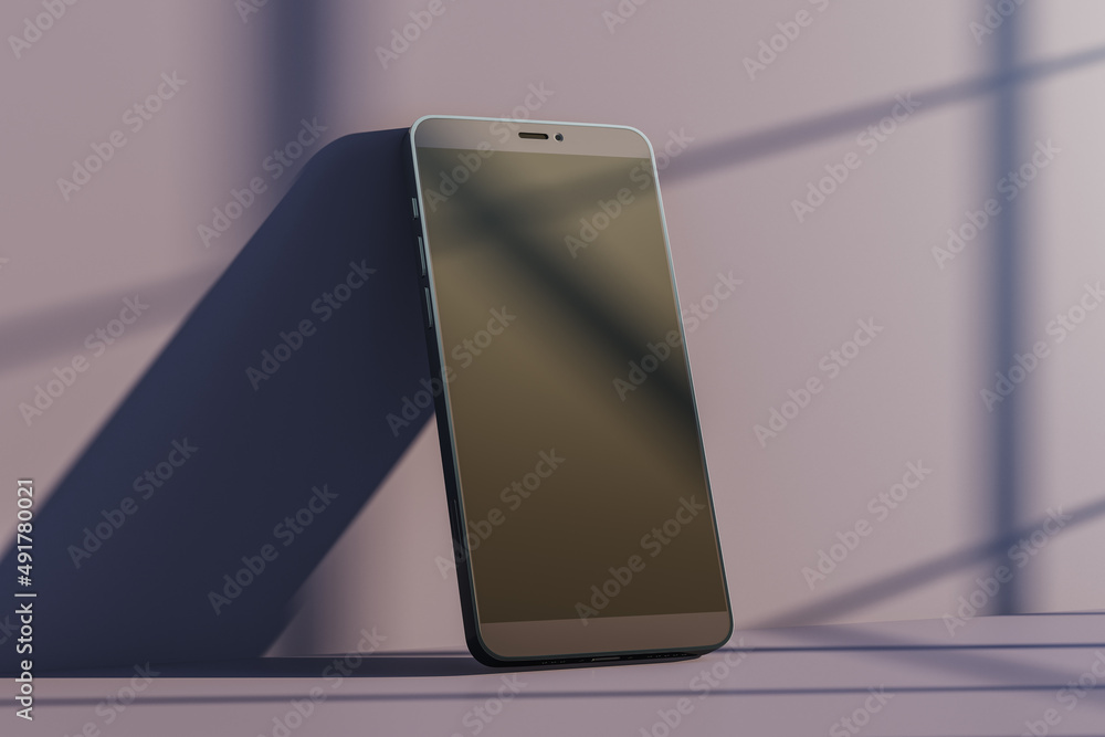 Aufkleber Abstract empty smartphone with mock up screen leaning on purple wall with sunlight and window shadows. Gallery concept. 3D Rendering.