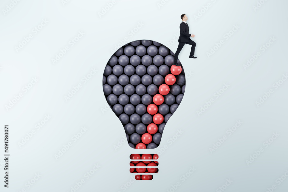 Poster businessman standing on abstract pattern light bulb on light background with mock up place. idea, gr