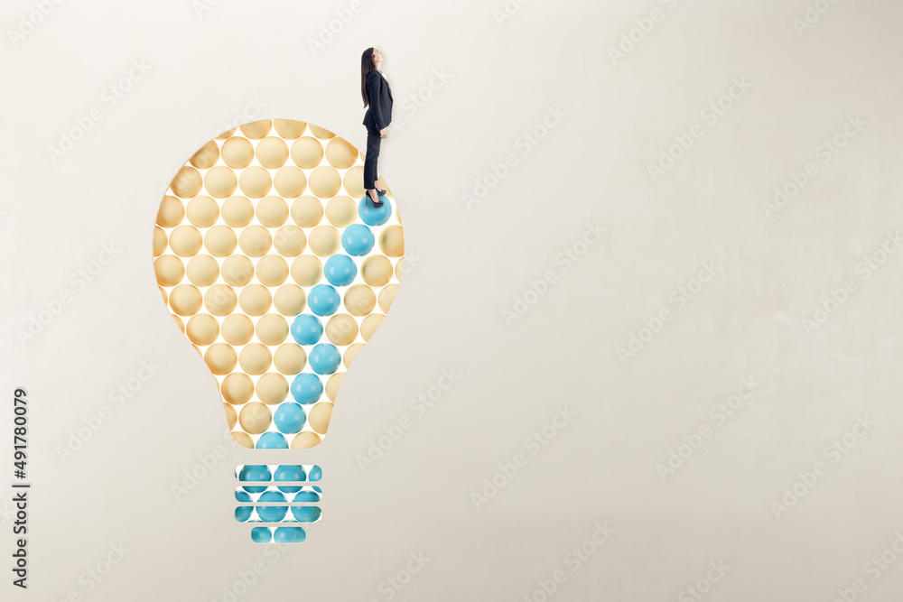 Poster european woman in suit standing on abstract pattern light bulb on light background with mock up plac