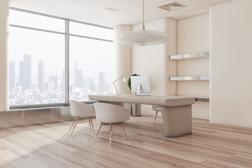 Luxury concrete office interior with wooden flooring, designer workplace with laptop and window with city view. 3D Rendering.
