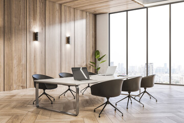 Clean wooden conference room interior with furniture and window with window and city view. Design and workplace concept. 3D Rendering.