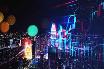 Fototapeta na wymiar Abstract bokeh glowing candlestick forex chart on blurry city background. Finance growth and trade concept. Double exposure.