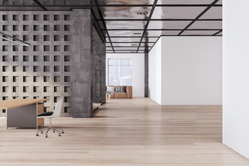 Clean conference room interior with furniture and window with city view and daylight. Wooden concrete floor and wall, partition, design concept. 3D Rendering.