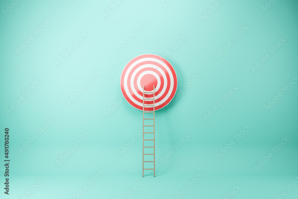 Poster abstract ladder leading to bulls eye target on blue wall background. targeting, career and aim conce