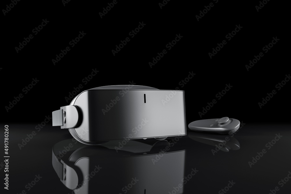 Aufkleber Close up of VR glasses with joystick on black background with reflections. Technology and device concept. 3D Rendering.