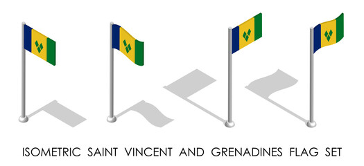 isometric flag of SAINT VINCENT AND GRENADINES in static position and in motion on flagpole. 3d vector