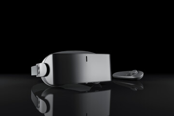 Close up of VR glasses with joystick on black background with reflections. Technology and device concept. 3D Rendering.