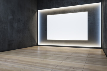 Contemporary exhibition hall interior with illuminated white mock up wall and wooden flooring. 3D Rendering.
